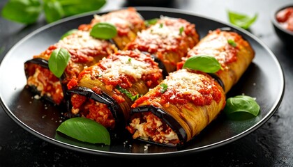 Stuffed eggplant rolls, coated in rich tomato sauce and topped with melted cheese, are artfully arranged on a dark plate.