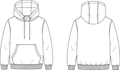 Men’s pullover hoodie technical flat with front kangaroo pocket, drawstring hood, ribbed cuffs and hem, front and back views, fashion sketch © Ashik Creatives