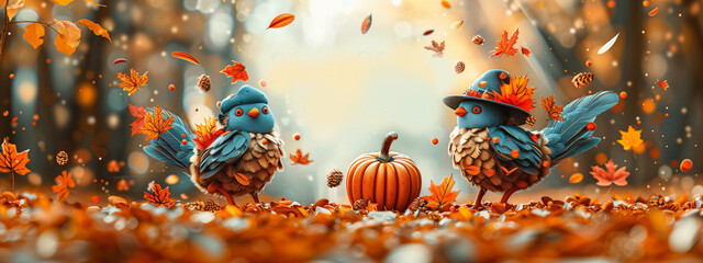 Thanksgiving illustration with autumn leaves and colorful pumpkins. Banner. Space for text.