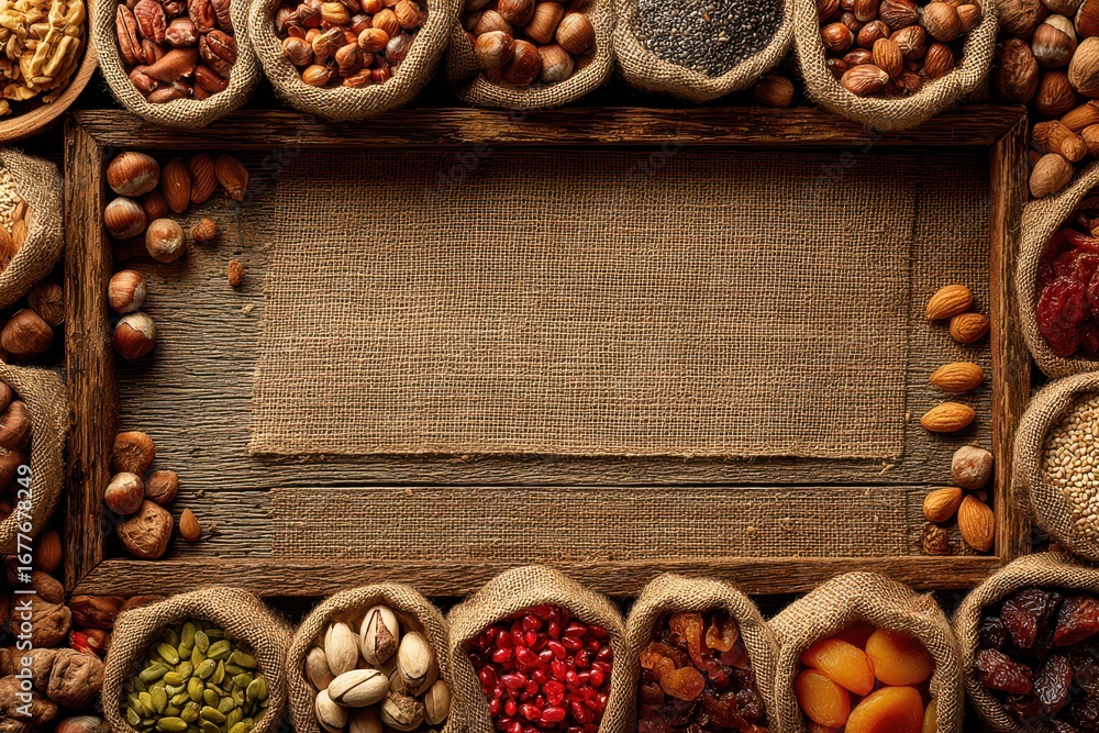 Poster an elegant display of assorted nuts and dried fruits in burlap sacks, arranged around a rustic woode
