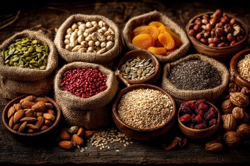 A beautiful arrangement of healthy dried fruits, nuts and seeds in rustic burlap sacks, displayed on a wooden surface with rich textures and earthy tones conveying freshness.