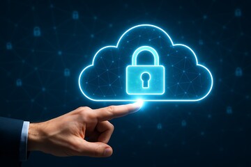 A businessman's hand touching a glowing cloud and padlock icon on a digital interface representing cybersecurity, data protection, and secure network technology for business.