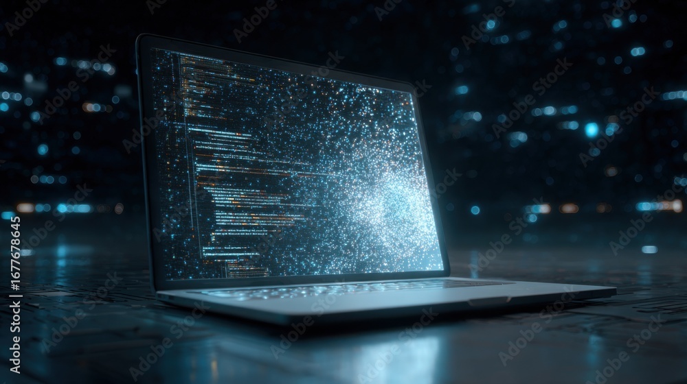 Poster a laptop displays colorful code and data visualizations in a dark, futuristic setting. bright lights