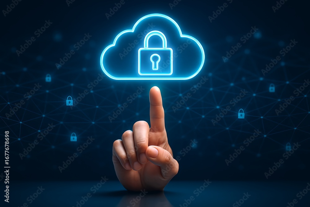 Poster a person's finger selecting a secure cloud storage system by pressing a glowing padlock icon on a fu