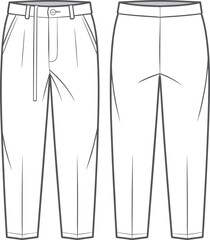 Women tapered pants with belt, fashion flat sketch front and back view, stylish bottomwear, cad drawing flat vector illustration