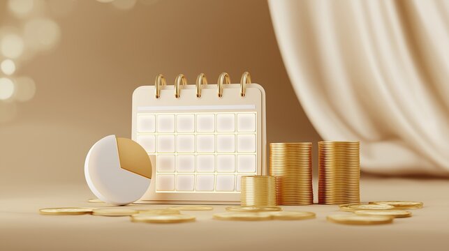 Financial Planning Calendar with Pie Chart and Coins, Glowing Holographic Symbol Floating in Luxury Minimalist Style with Clean Background and Wide Copy Space