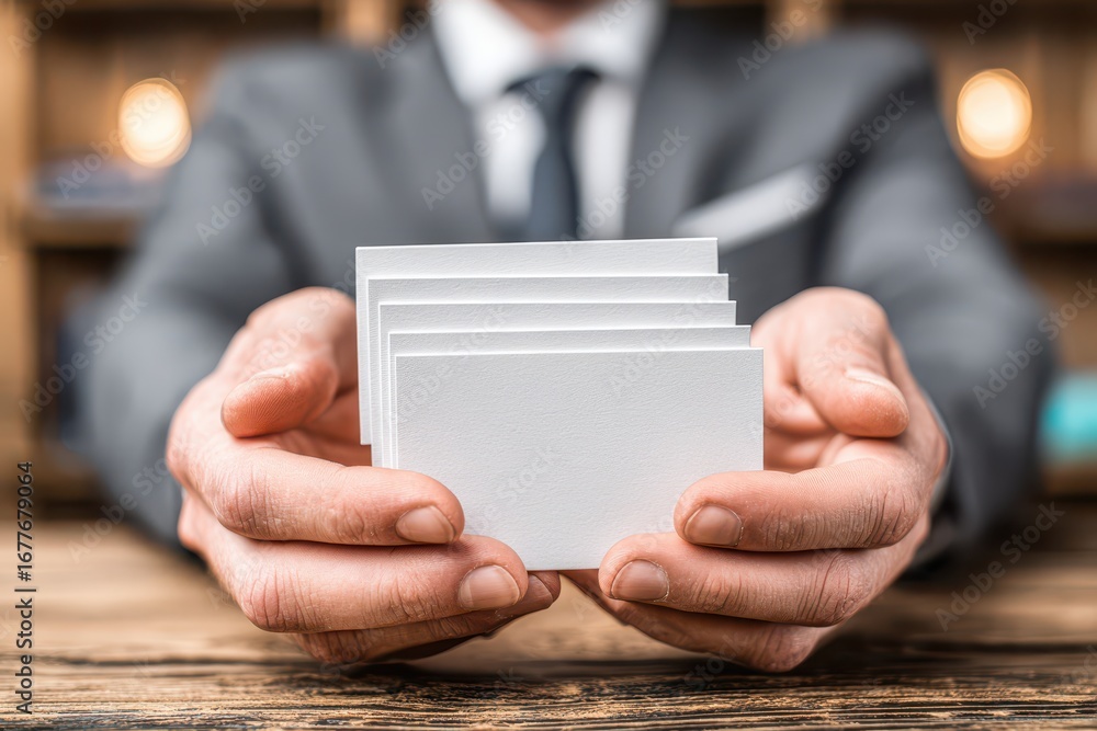Poster Professional presents blank business cards with a suit on a wooden table, creating a visually appealing and accessible presentation with great design.