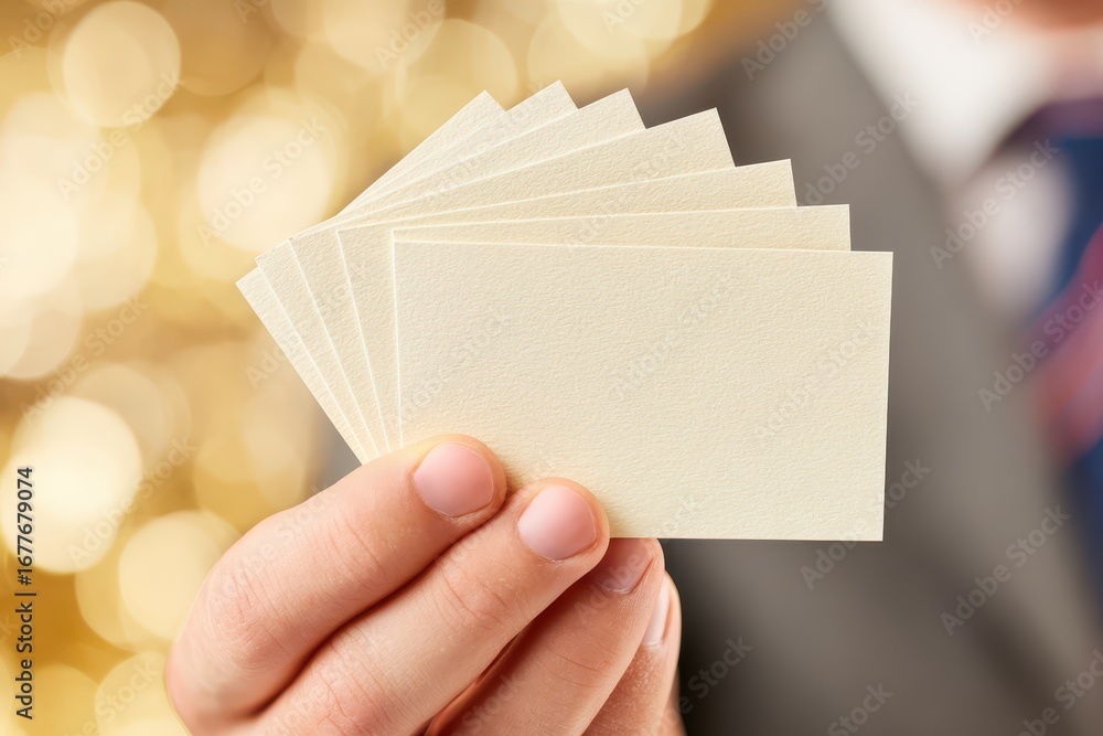 Poster a businessman in a suit holds a stack of blank business cards against a bokeh background, presenting