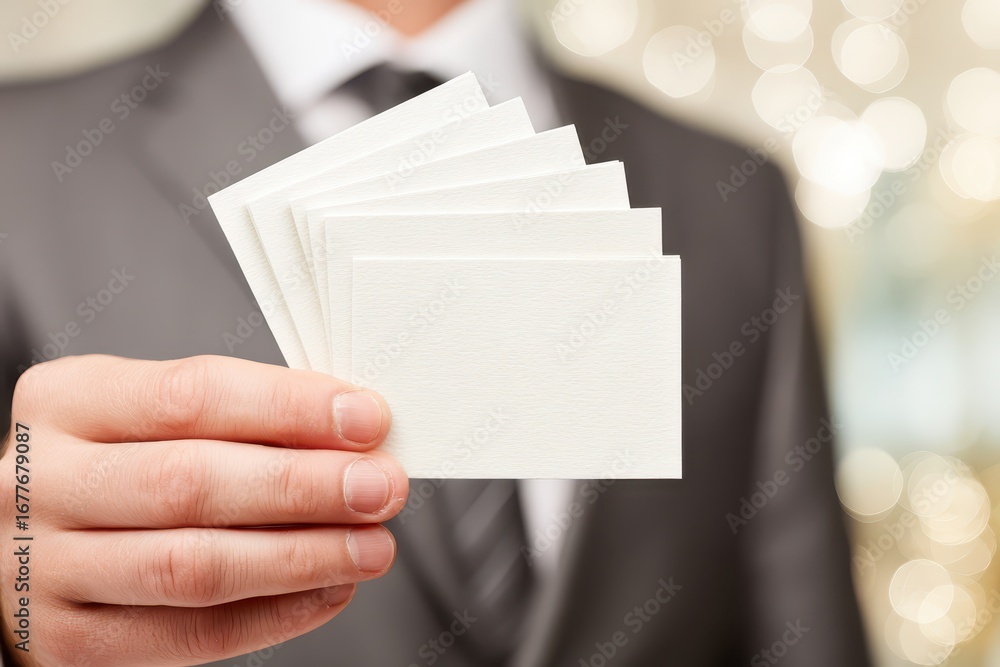Poster a man in a suit holds a stack of blank white business cards in his hand, ready for customization wit