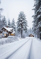 Snowy Winter Landscape with Cozy Cabin Homes.