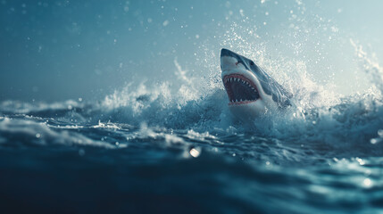 Fototapeta premium Dangerous shark jumps out of the troubled ocean, photo banner to warn about the danger of sharks
