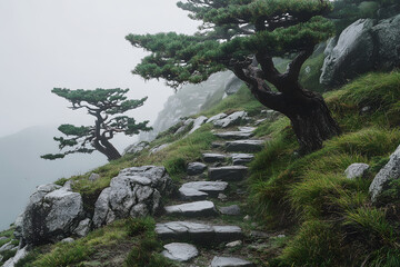 Serene Mountain Path with Ancient Bonsai Trees in Misty Atmosphe