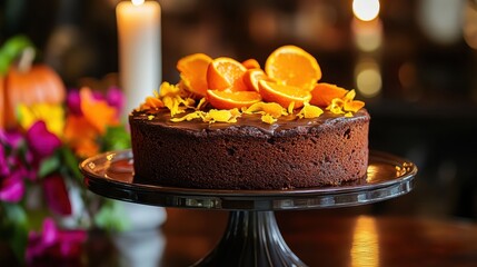 Delicious Chocolate Cake Decorated with Orange Slices and Flowers