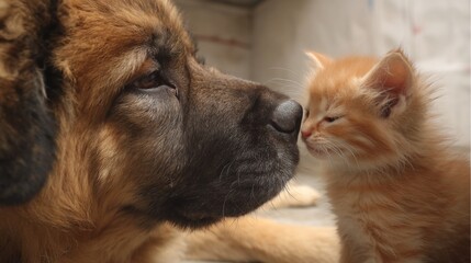 Fototapeta premium A large brown dog gently nudges a small orange kitten with its nose, creating a heartwarming interaction in a bright indoor space filled with soft light and warmth.