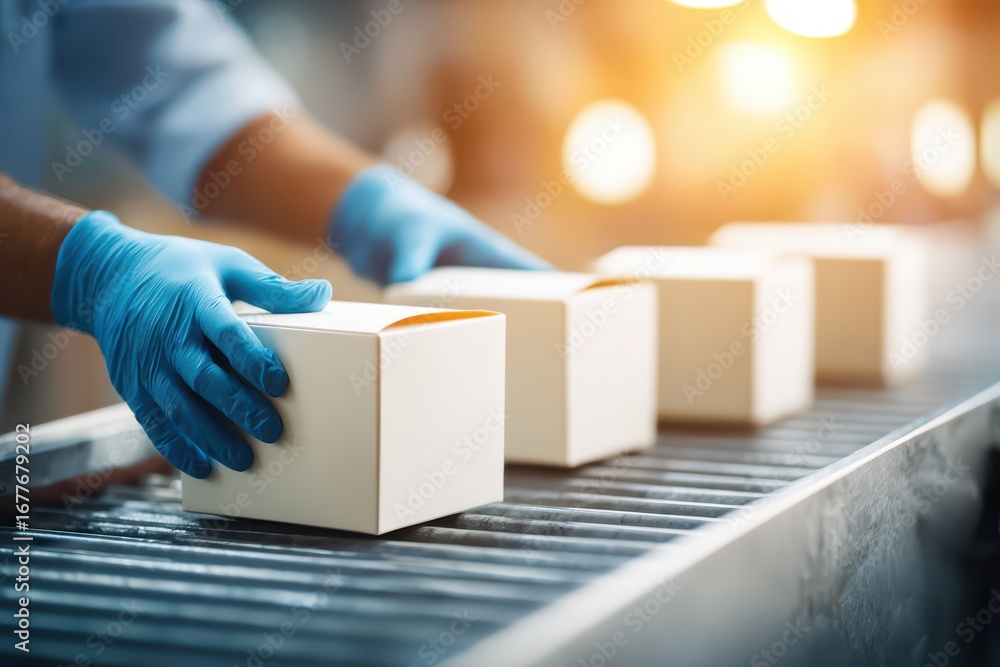 Poster a close-up shot captures a factory worker in protective gloves handling a row of white boxes on a co