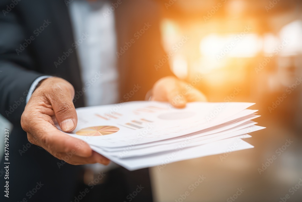 Aufkleber a businessman in a suit is handing over a stack of reports and financial data with charts and graphs