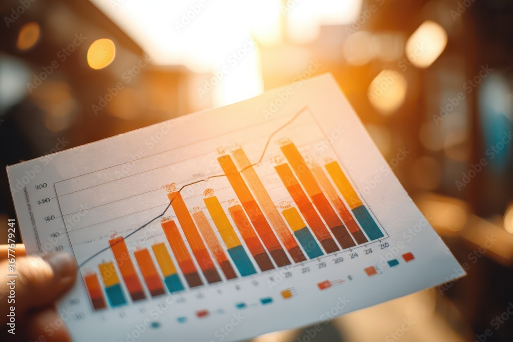 Poster close-up of hand holding bar graph with colorful data, showcasing positive trend in business strateg