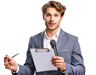 Actor with Script and Microphone, Rehearsing for TV Drama PNG