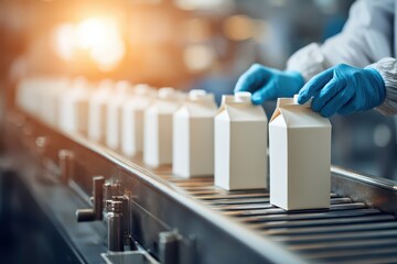 Close up of milk cartons on a conveyor belt at a dairy factory, with factory worker in blue gloves and lab coat carefully inspecting the line for quality control.