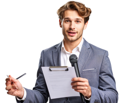 Actor with Script and Microphone, Rehearsing for TV Drama PNG