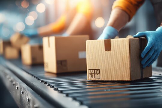 Boxes move along conveyor belts in a warehouse, ready for distribution to customers, focusing on delivery and logistics for efficient supply chain management.