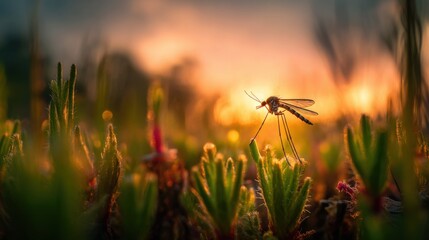 A mosquito is perched on a blade of grass, beautifully illuminated by the warm glow of sunset. The soft background highlights the tranquil setting in nature.