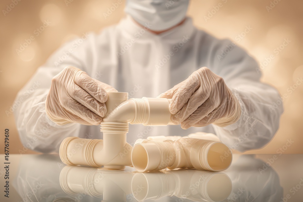 Aufkleber a technician in full protective gear assembling and inspecting white plastic pipes, ensuring a secur