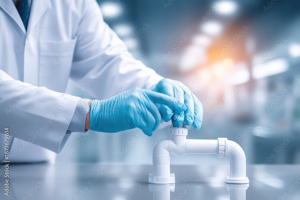 Aufkleber a scientist in a laboratory with blue gloves assembling a white plastic pipe structure, inspecting a