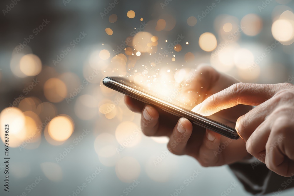 Poster close-up of a man's hands holding and using a smartphone with glowing light effects, symbolizing con