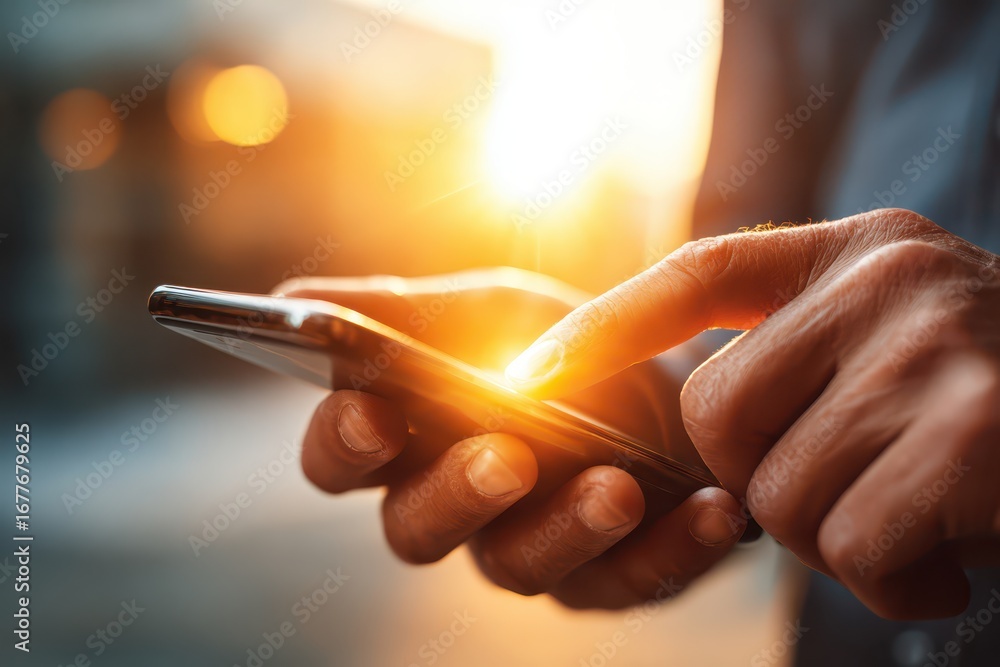 Poster a close-up of a person's hands using a mobile phone, illuminated by a warm, bright light creating a 