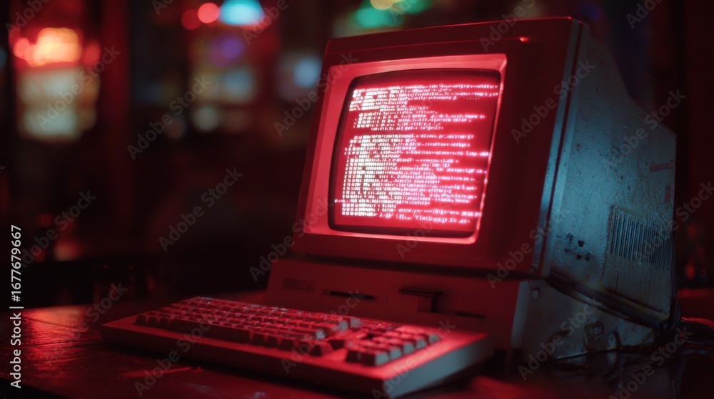 Aufkleber a retro computer sits on a cluttered desk, glowing with red text on its screen. the ambiance is diml