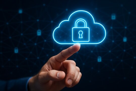 Human finger pointing at a neon blue icon of a cloud with a padlock, symbolizing digital data protection and secure internet server technology concepts.