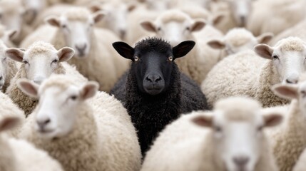 A black sheep looks directly at the viewer, surrounded by white sheep in a lush green pasture. The sun casts a warm glow, bringing focus to the unique sheep's distinct appearance within the flock.