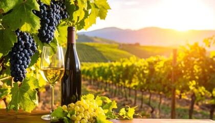 Fototapeta premium A glass of crisp white wine sits beside a bottle, amidst lush vineyards bathed in golden sunlight, evoking a serene and inviting atmosphere.