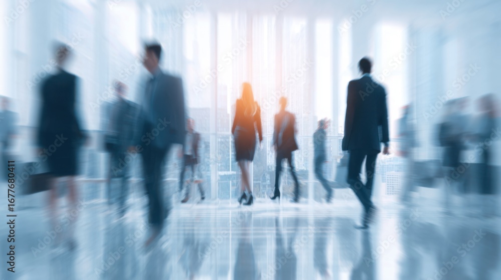 Poster professionals in business attire walk through a modern office space. soft light filters in, creating
