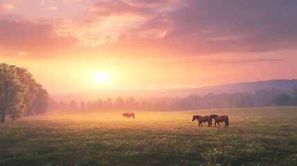 Naklejka premium Scenic mountain valley filled with spring wildflowers at sunrise high resolution picture