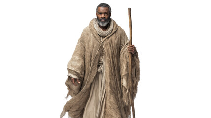 Obraz premium Prophet Elijah full body on transparent background. Elderly biblical figure in simple robe, facing forward with solemn expression, isolated for Christian design and illustration.