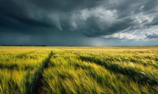 A vast field of ripening wheat under a stormy sky - Powered by Adobe