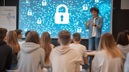 Students in classroom attending lesson on digital security with lock symbol on screen, representing education, privacy, and online protection.
