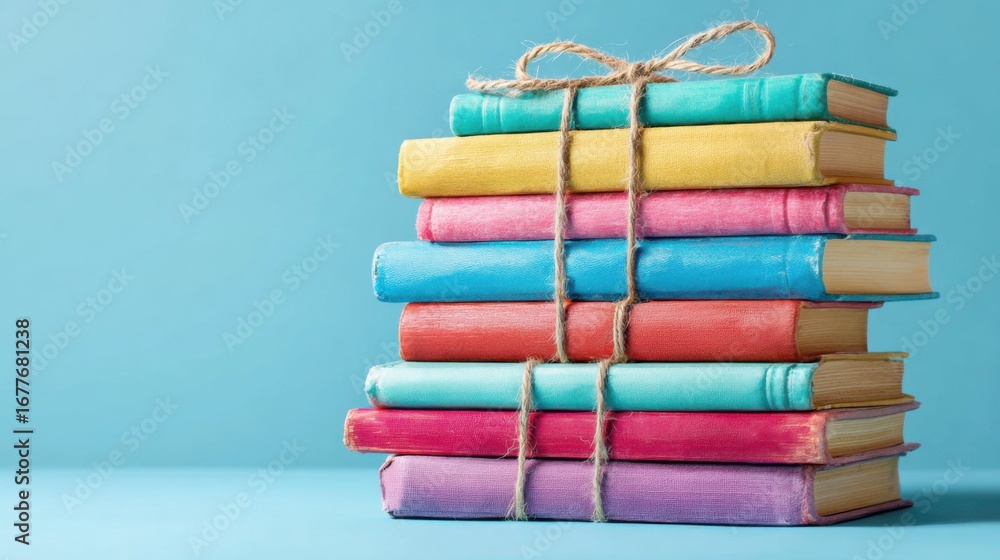 Poster a vibrant stack of books in various colors is neatly tied with twine against a lively blue backdrop,
