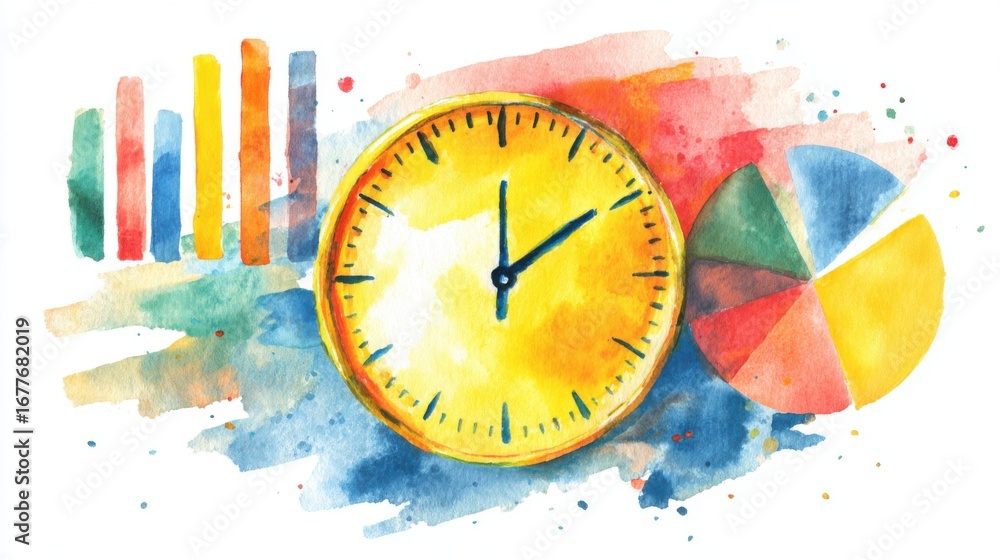 Poster a vibrant watercolor depiction features a yellow clock surrounded by a pie chart and bar graph. this