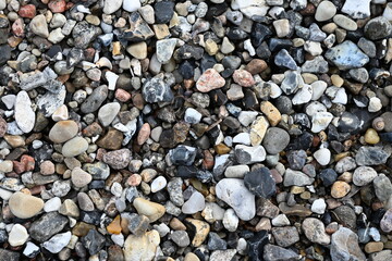 A detailed close-up photograph of natural pebbles and small stones in different colors and shapes...