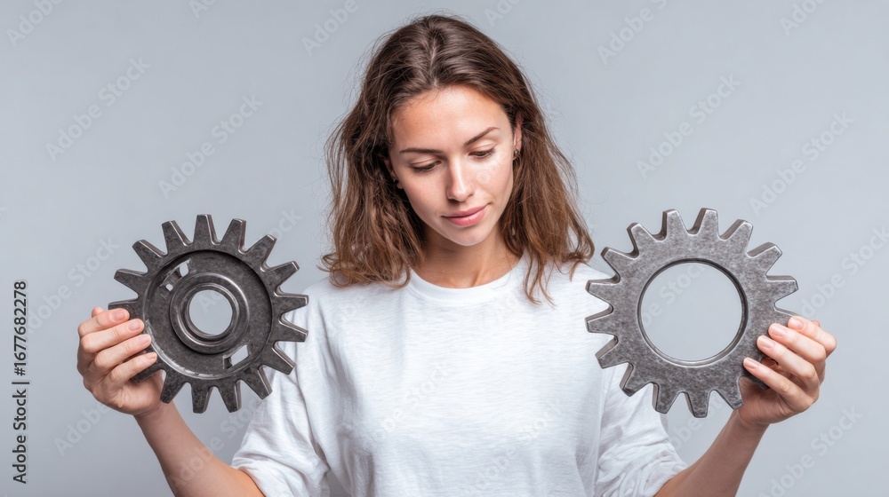 Poster a woman stands with a thoughtful expression, holding a gear in each hand. she appears to be explorin