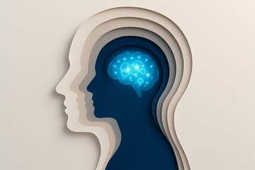 Paper cut style illustration of a human head in layers revealing a glowing blue brain, symbolizing psychology, intelligence, consciousness, and creative thinking concepts.