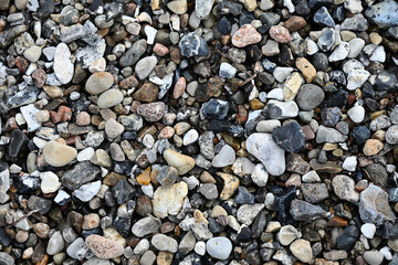 High-resolution close-up photograph of natural pebbles and stones in different shapes, colors, and textures on a beach. Perfect as a natural background, texture, or design element for creative project