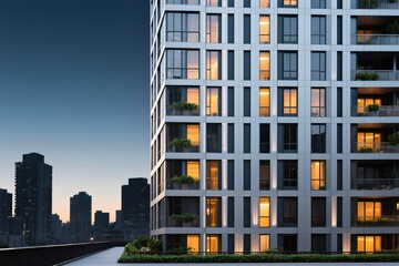 Fototapeta premium Stylish apartment complex with illuminated windows, showcasing contemporary architecture in an urban setting.