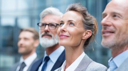 A diverse group of four business professionals stands together in a sleek office environment, contemplating their futures. They exude confidence and optimism, with expressions of determination.