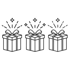 Three decorative line art gift boxes with bows and stars for holiday celebration designs and minimalist modern illustrations