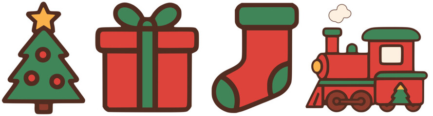Xmas Graphic Set: Christmas Tree, Wrapped Present, Stocking and Holiday Theme Train