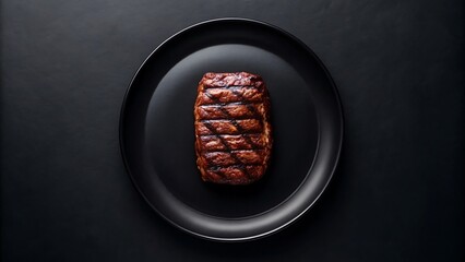 Grilled steak with grill marks on black plate and dark background